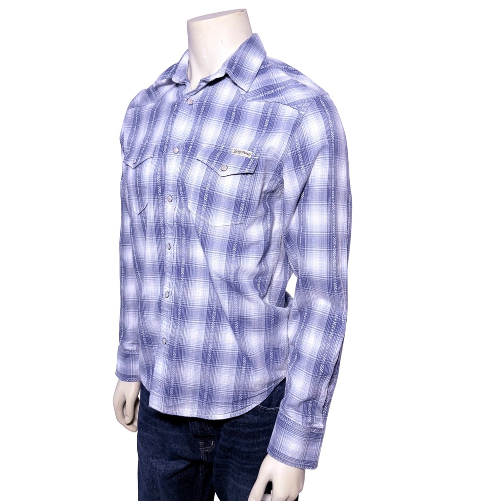 Lucky Brand Mens Blue Plaid Western Pearl Snap Shirt Embroidered Medium - Picture 3 of 9